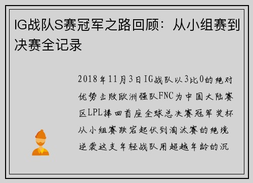 IG战队S赛冠军之路回顾：从小组赛到决赛全记录