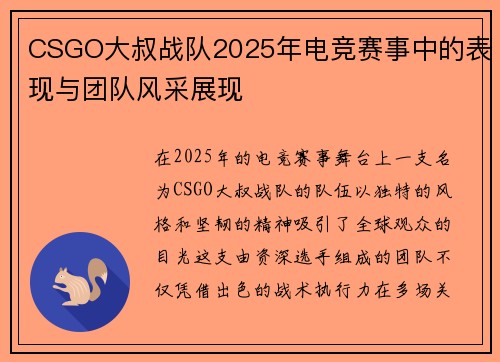 CSGO大叔战队2025年电竞赛事中的表现与团队风采展现